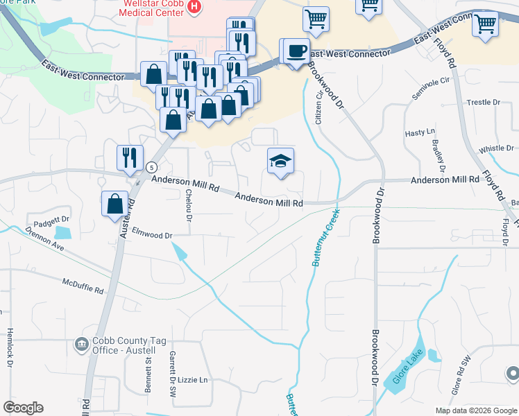 map of restaurants, bars, coffee shops, grocery stores, and more near 1604 Silver Oak Drive in Austell
