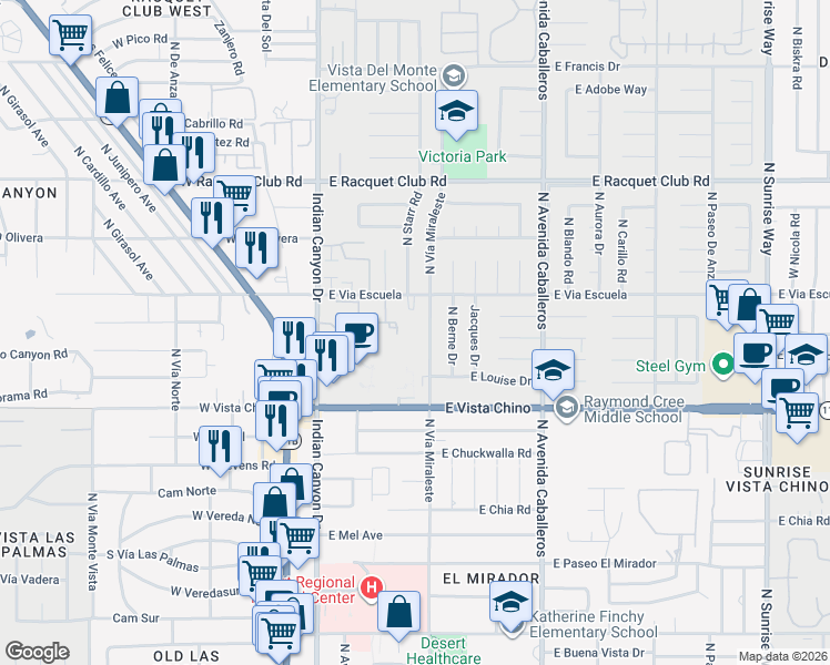 map of restaurants, bars, coffee shops, grocery stores, and more near 1995 North Vía Miraleste in Palm Springs