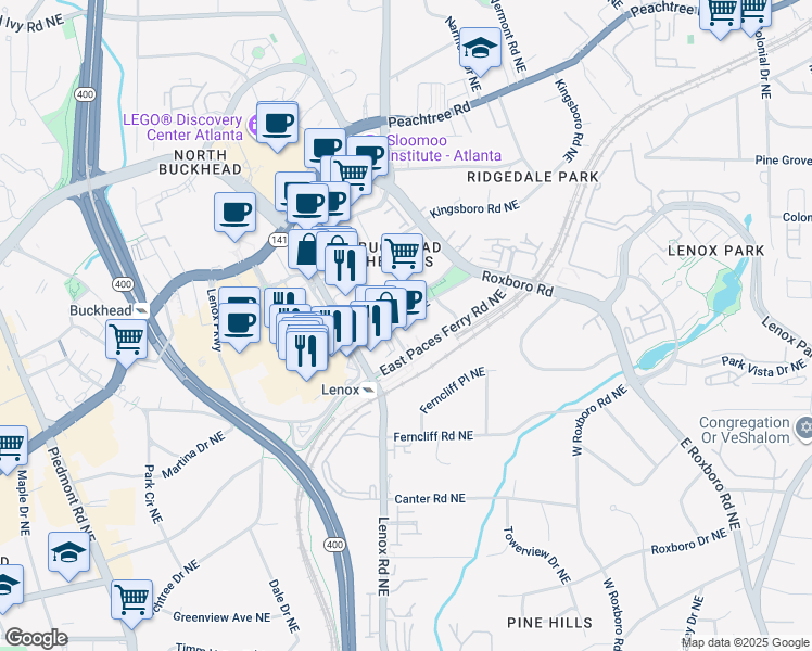 map of restaurants, bars, coffee shops, grocery stores, and more near 950 East Paces Ferry Road Northeast in Atlanta