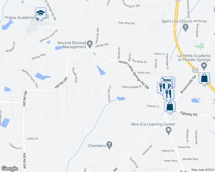 map of restaurants, bars, coffee shops, grocery stores, and more near 5251 Cherry Lane in Powder Springs