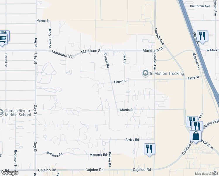 map of restaurants, bars, coffee shops, grocery stores, and more near 18711 Decker Road in Perris