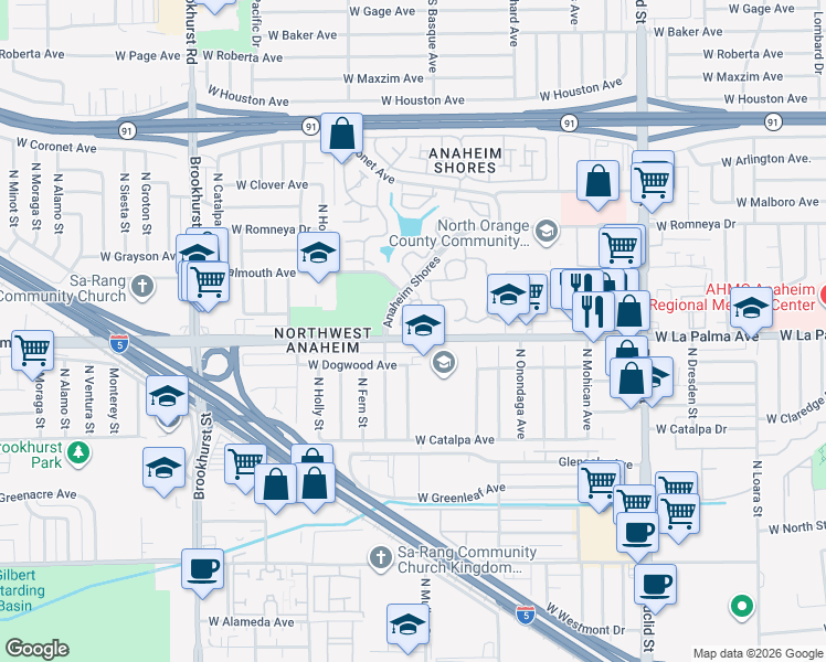 map of restaurants, bars, coffee shops, grocery stores, and more near 1866 West Falmouth Avenue in Anaheim