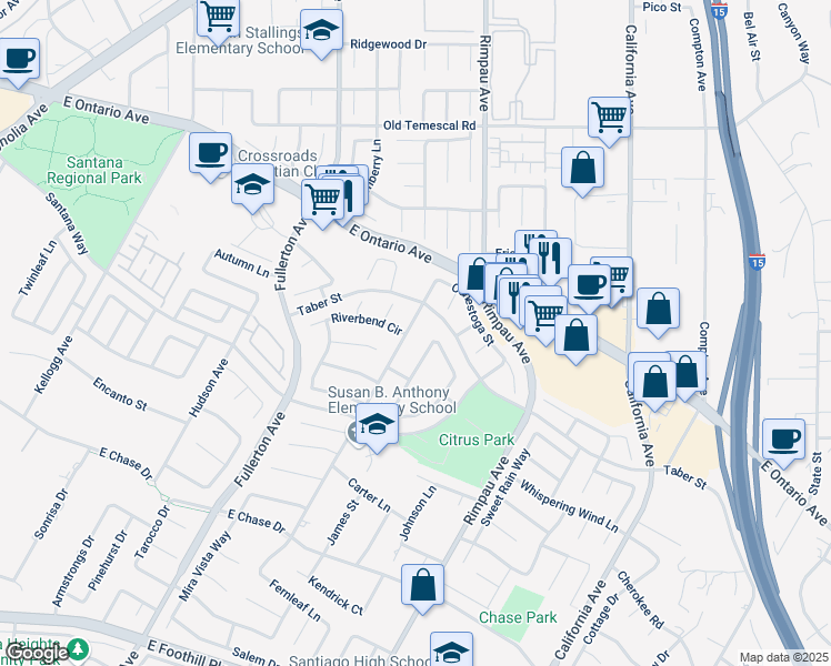 map of restaurants, bars, coffee shops, grocery stores, and more near 2519 Gilbert Avenue in Corona