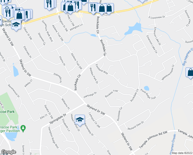 map of restaurants, bars, coffee shops, grocery stores, and more near 2028 Walden Park Drive in Snellville