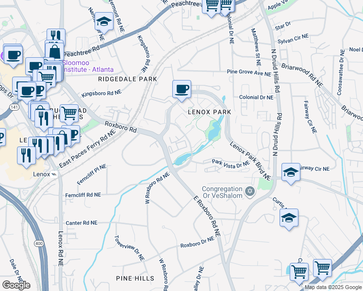 map of restaurants, bars, coffee shops, grocery stores, and more near 5124 Lenox Park Circle Northeast in Atlanta
