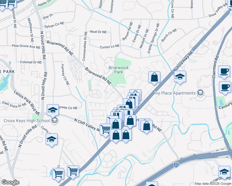 map of restaurants, bars, coffee shops, grocery stores, and more near 1424 Briarhaven Trail in Atlanta