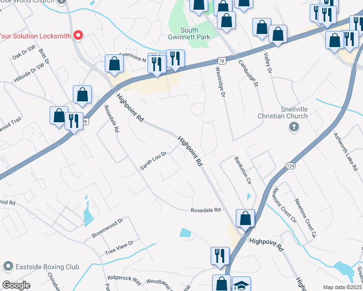 map of restaurants, bars, coffee shops, grocery stores, and more near 3140 Murell Road in Snellville