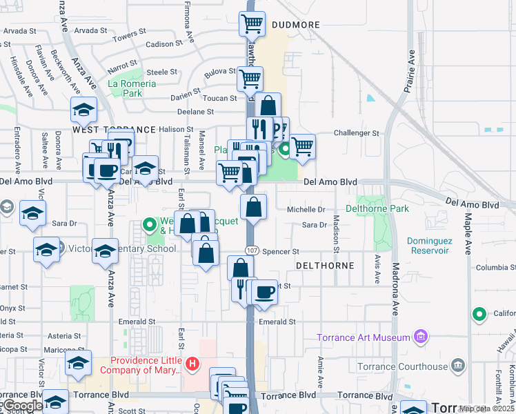 map of restaurants, bars, coffee shops, grocery stores, and more near 20344 Hawthorne Boulevard in Torrance