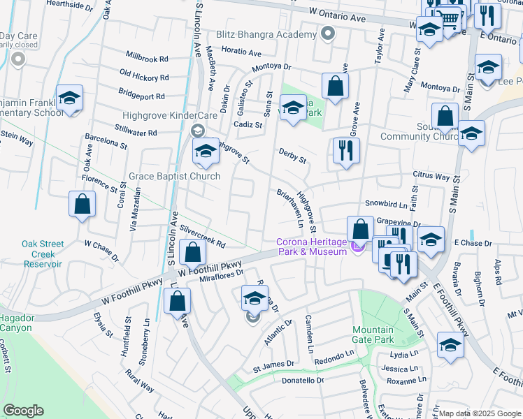 map of restaurants, bars, coffee shops, grocery stores, and more near 2938 South Buena Vista Avenue in Corona