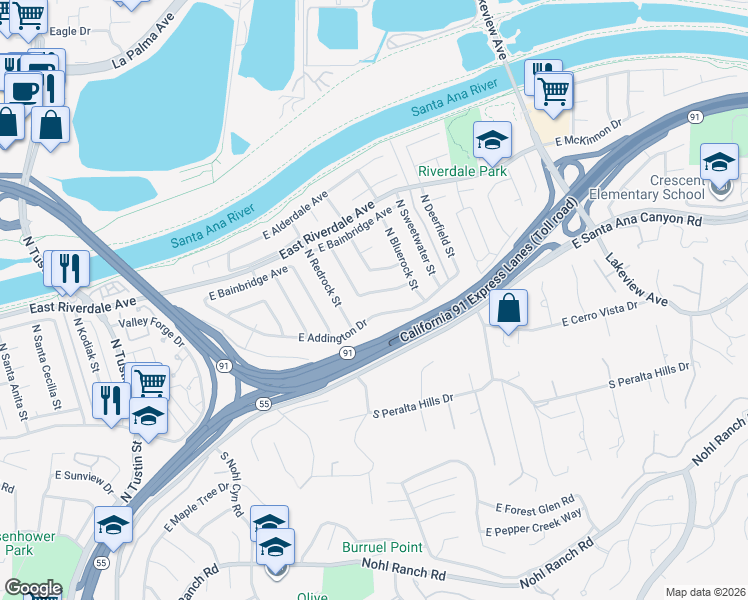 map of restaurants, bars, coffee shops, grocery stores, and more near 4319 East Elkstone Avenue in Anaheim