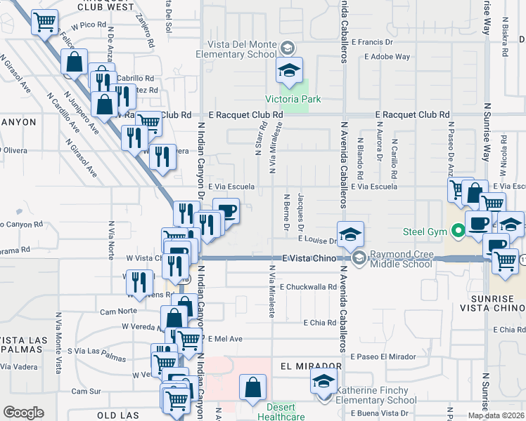 map of restaurants, bars, coffee shops, grocery stores, and more near 1995 North Vía Miraleste in Palm Springs