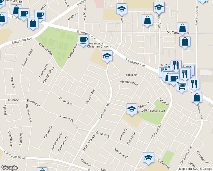 map of restaurants, bars, coffee shops, grocery stores, and more near 975 Riverbend Circle in Corona
