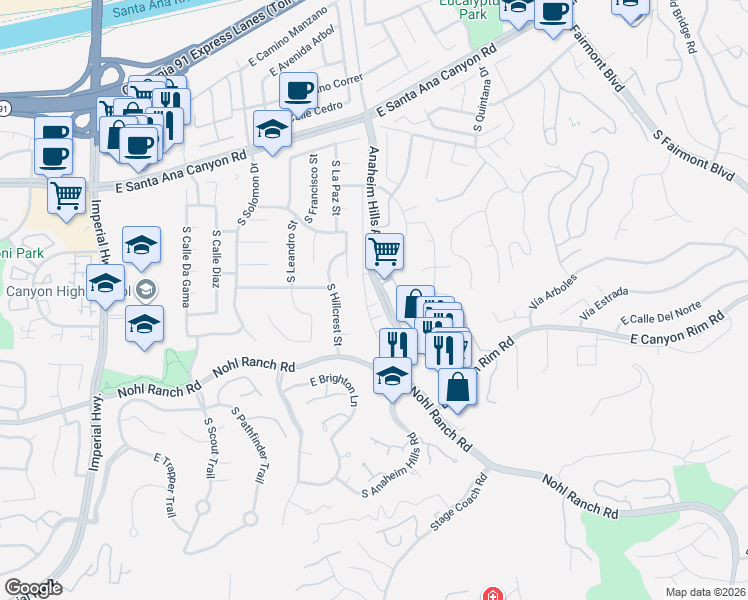map of restaurants, bars, coffee shops, grocery stores, and more near 340 South San Vicente Lane in Anaheim