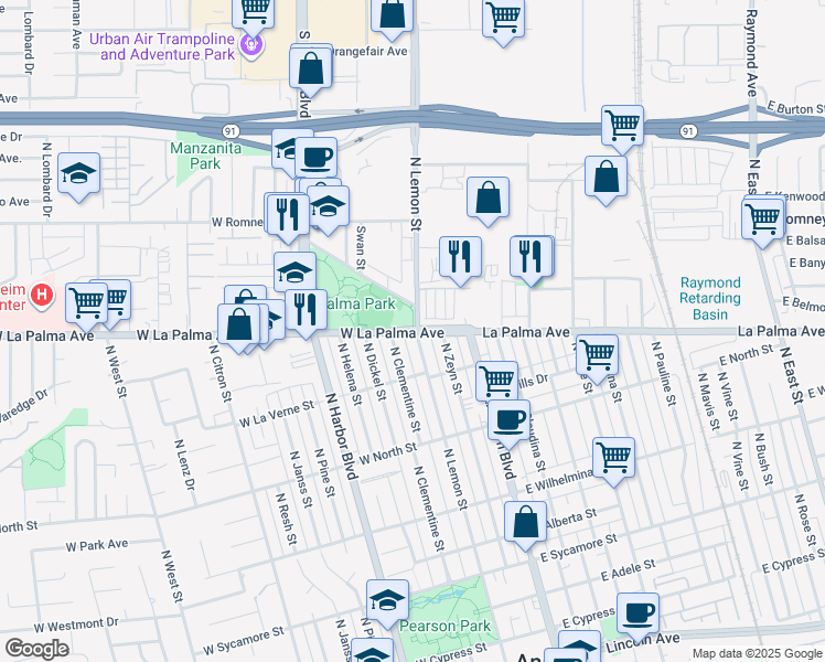 map of restaurants, bars, coffee shops, grocery stores, and more near in Anaheim