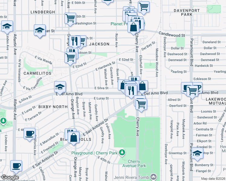 map of restaurants, bars, coffee shops, grocery stores, and more near 1708 East Silva Street in Long Beach