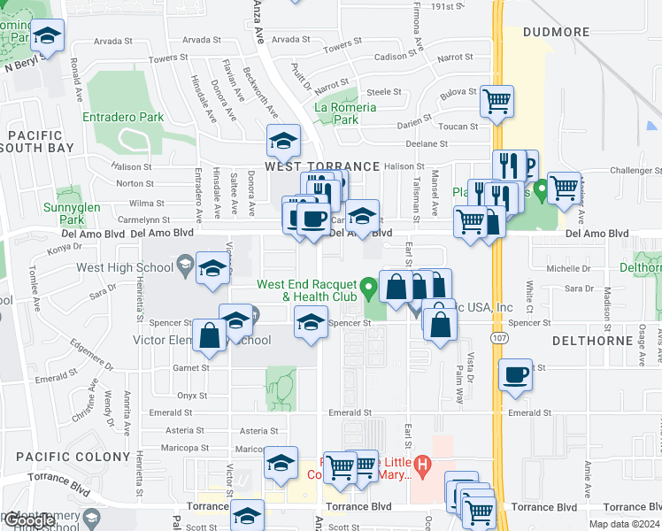 map of restaurants, bars, coffee shops, grocery stores, and more near 20346 Anza Avenue in Torrance