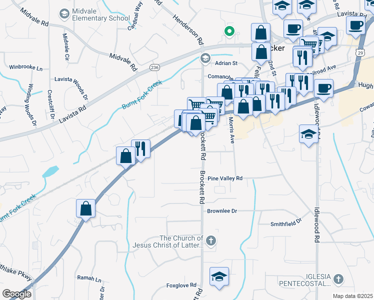 map of restaurants, bars, coffee shops, grocery stores, and more near 2154 Brockett Road in Tucker