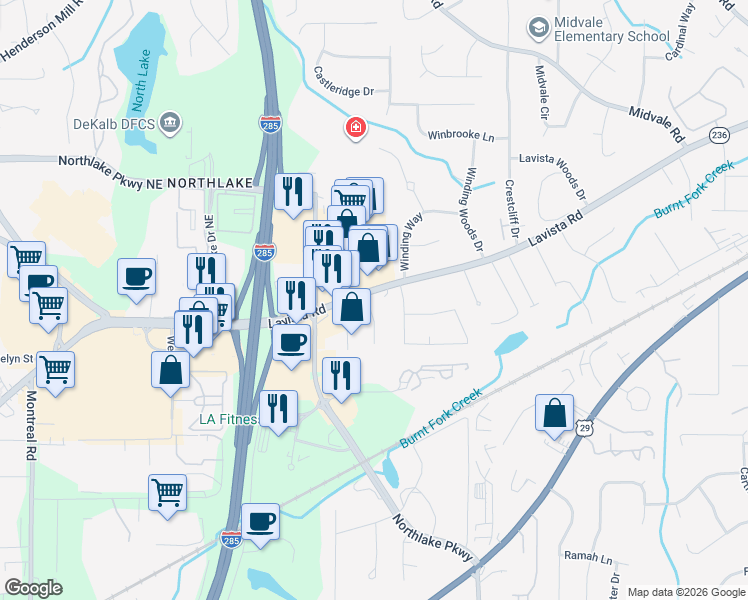 map of restaurants, bars, coffee shops, grocery stores, and more near 4327 Lavista Road in Tucker