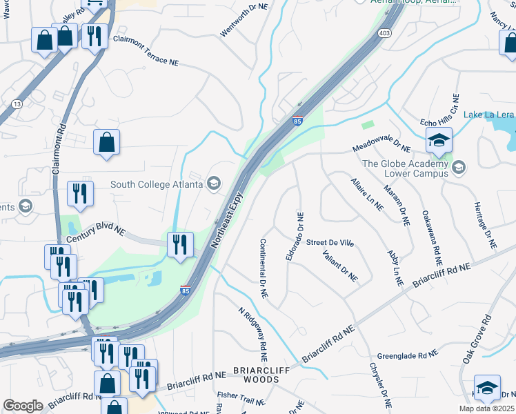 map of restaurants, bars, coffee shops, grocery stores, and more near 2175 Fisher Trail Northeast in Atlanta