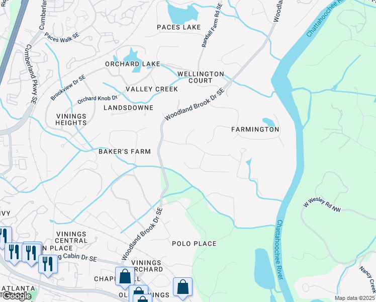 map of restaurants, bars, coffee shops, grocery stores, and more near 2880 Bakers Farm Road Southeast in Atlanta