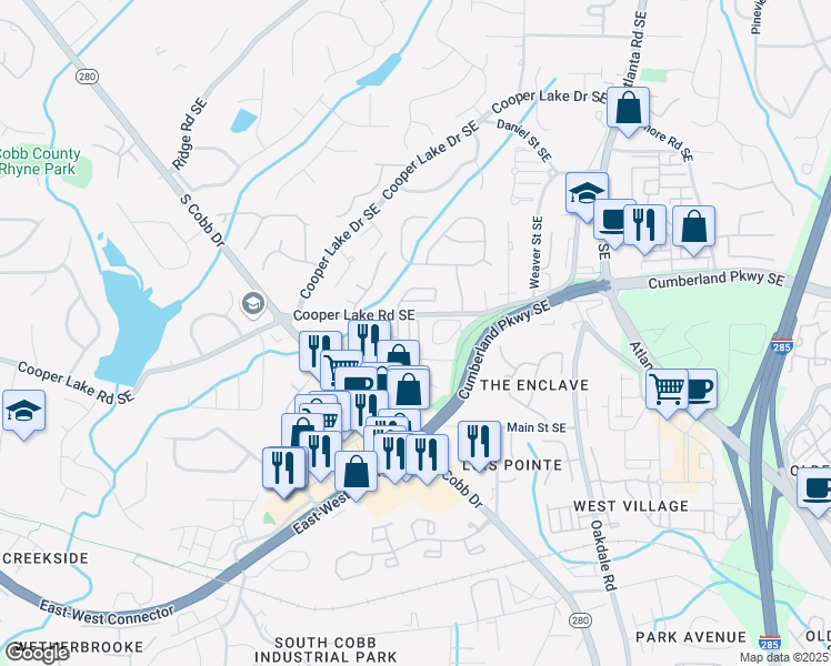 map of restaurants, bars, coffee shops, grocery stores, and more near 4427 Wilkerson Manor Drive in Smyrna