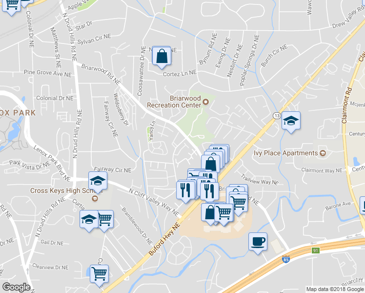map of restaurants, bars, coffee shops, grocery stores, and more near 2154 Havenwood Trail in Atlanta
