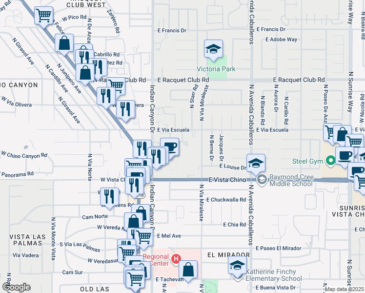 map of restaurants, bars, coffee shops, grocery stores, and more near 385 East Via Escuela in Palm Springs