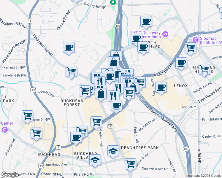 map of restaurants, bars, coffee shops, grocery stores, and more near 3340 Peachtree Road in Atlanta