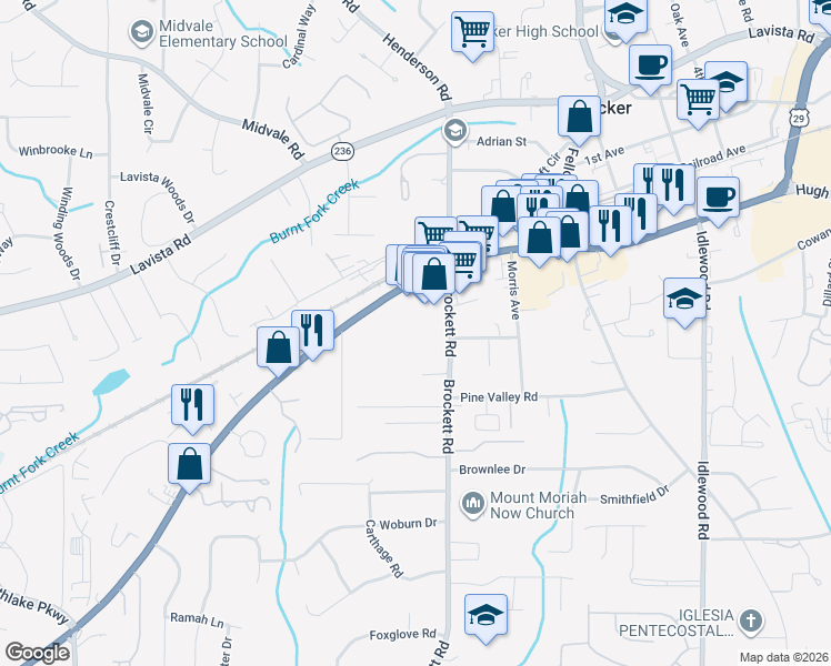 map of restaurants, bars, coffee shops, grocery stores, and more near 3807 Lawrenceville Highway in Tucker