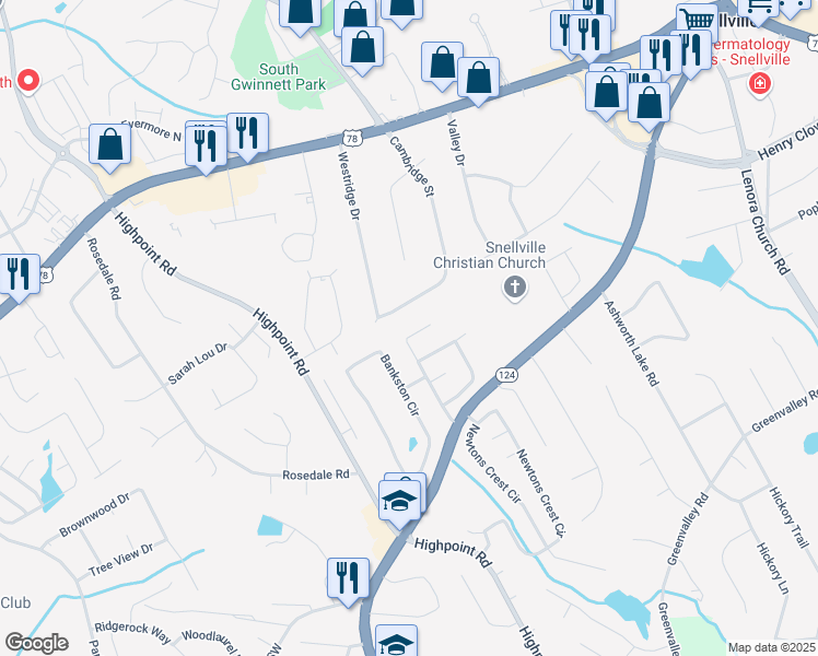 map of restaurants, bars, coffee shops, grocery stores, and more near 2345 Skylars Mill Way in Snellville