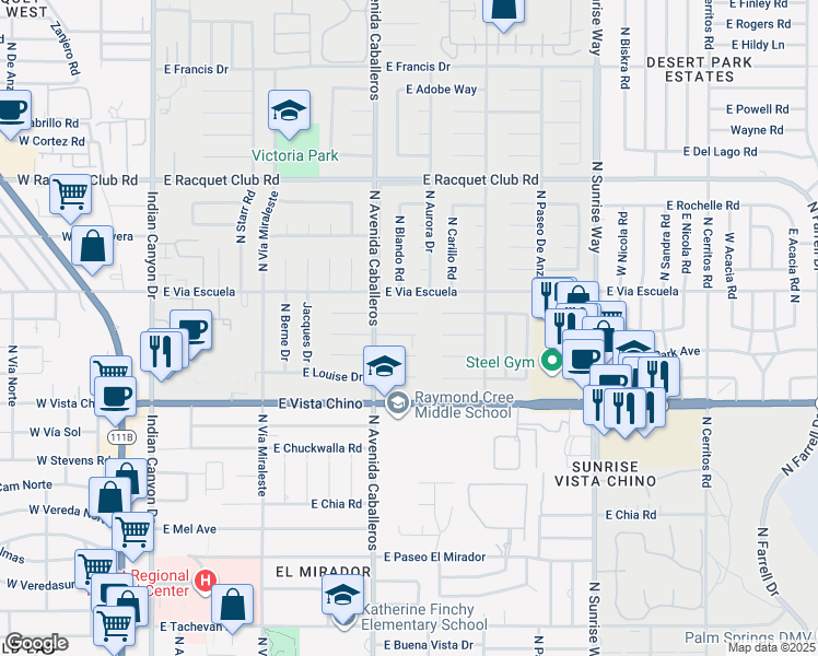 map of restaurants, bars, coffee shops, grocery stores, and more near in Palm Springs