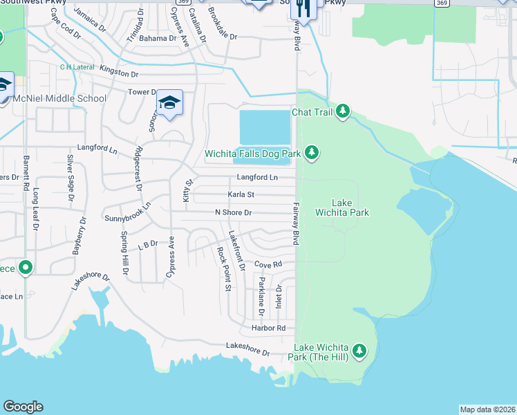 map of restaurants, bars, coffee shops, grocery stores, and more near 4620 North Shore Drive in Wichita Falls