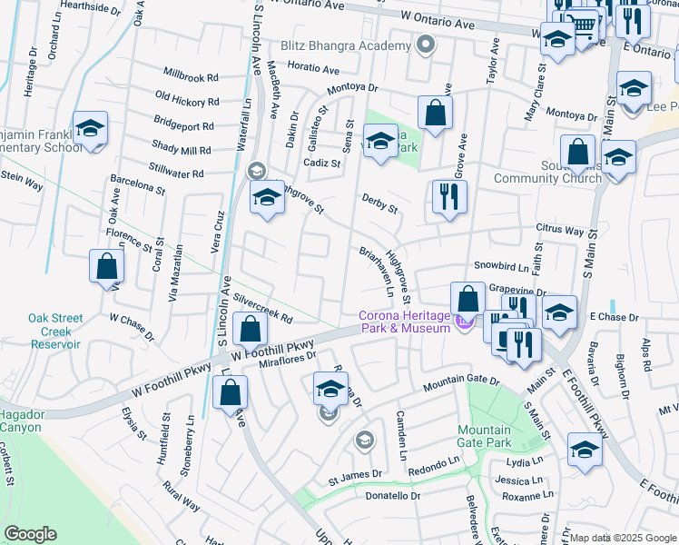 map of restaurants, bars, coffee shops, grocery stores, and more near 2938 South Buena Vista Avenue in Corona