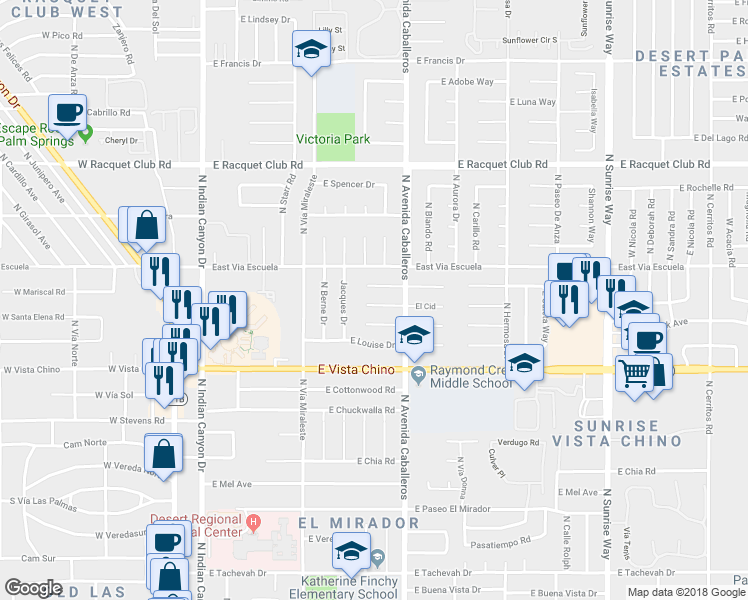 map of restaurants, bars, coffee shops, grocery stores, and more near 806 East El Cid in Palm Springs