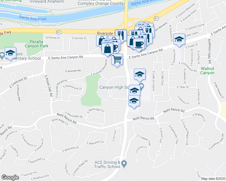 map of restaurants, bars, coffee shops, grocery stores, and more near 248 Vista Del Monte in Anaheim