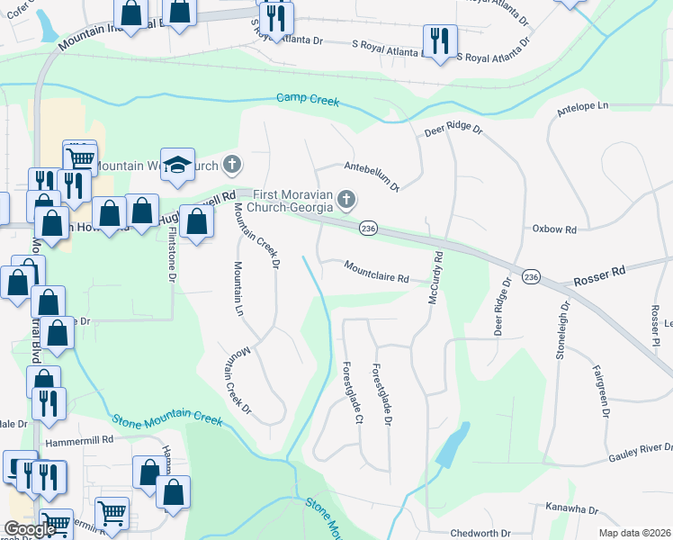 map of restaurants, bars, coffee shops, grocery stores, and more near 4956 Mountclaire Road in Stone Mountain