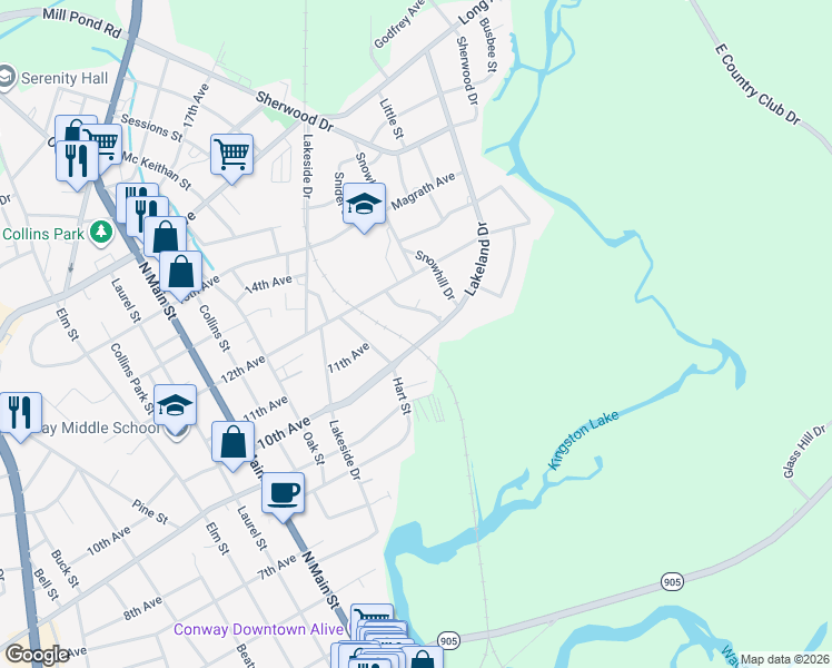 map of restaurants, bars, coffee shops, grocery stores, and more near 406 Lakeland Drive in Conway