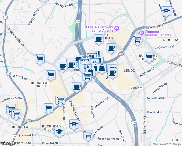 map of restaurants, bars, coffee shops, grocery stores, and more near 3345 Peachtree Road in Atlanta