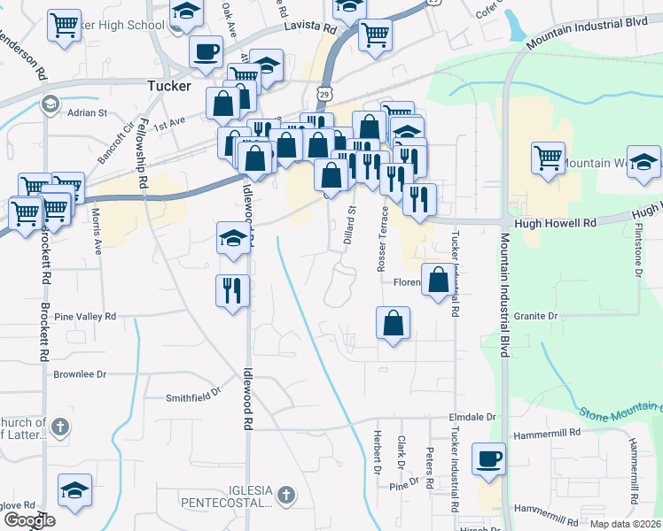 map of restaurants, bars, coffee shops, grocery stores, and more near 2107 Dillard Crossing in Tucker