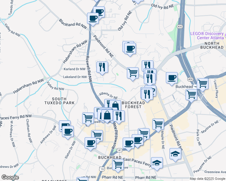 map of restaurants, bars, coffee shops, grocery stores, and more near 340 Alberta Terrace Northeast in Atlanta