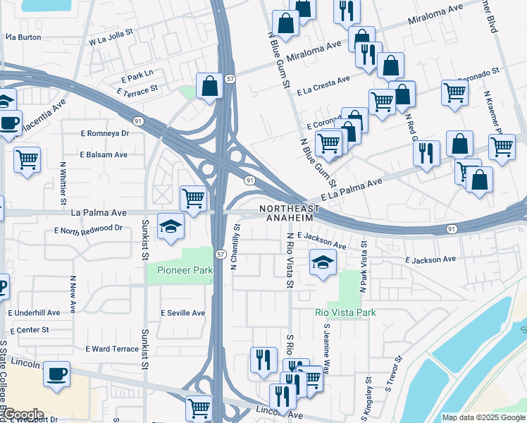 map of restaurants, bars, coffee shops, grocery stores, and more near 2705 East La Palma Avenue in Anaheim