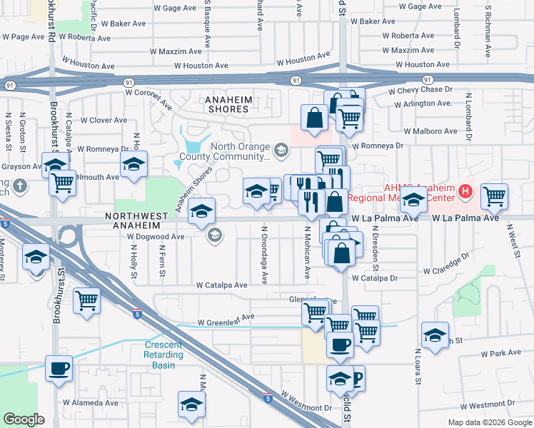 map of restaurants, bars, coffee shops, grocery stores, and more near 1831 West La Palma Avenue in Anaheim
