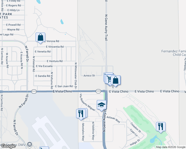 map of restaurants, bars, coffee shops, grocery stores, and more near 2034 Marni Court in Palm Springs
