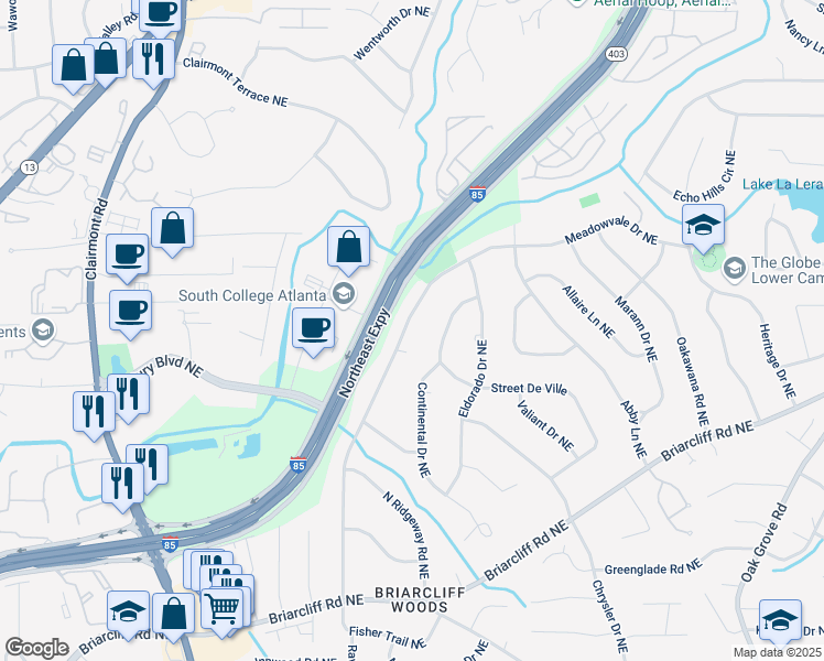 map of restaurants, bars, coffee shops, grocery stores, and more near 2175 Fisher Trail Northeast in Atlanta
