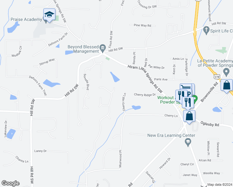 map of restaurants, bars, coffee shops, grocery stores, and more near 5414 Ryan Court in Powder Springs