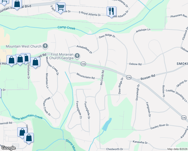 map of restaurants, bars, coffee shops, grocery stores, and more near 5020 Mountclaire Road in Stone Mountain