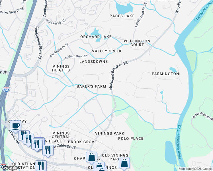 map of restaurants, bars, coffee shops, grocery stores, and more near 4388 Woodland Brook Drive Southeast in Atlanta