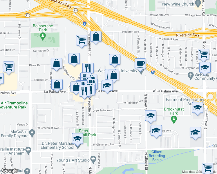 map of restaurants, bars, coffee shops, grocery stores, and more near 2535 West La Palma Avenue in Anaheim