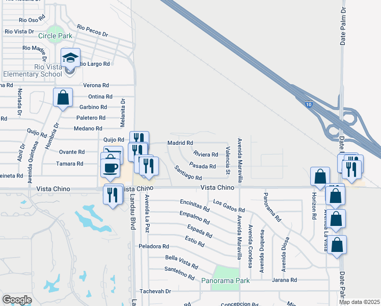 map of restaurants, bars, coffee shops, grocery stores, and more near 68261 Riviera Road in Cathedral City