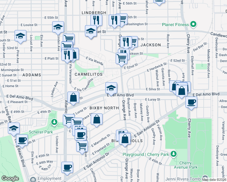 map of restaurants, bars, coffee shops, grocery stores, and more near 1110 East Silva Street in Long Beach